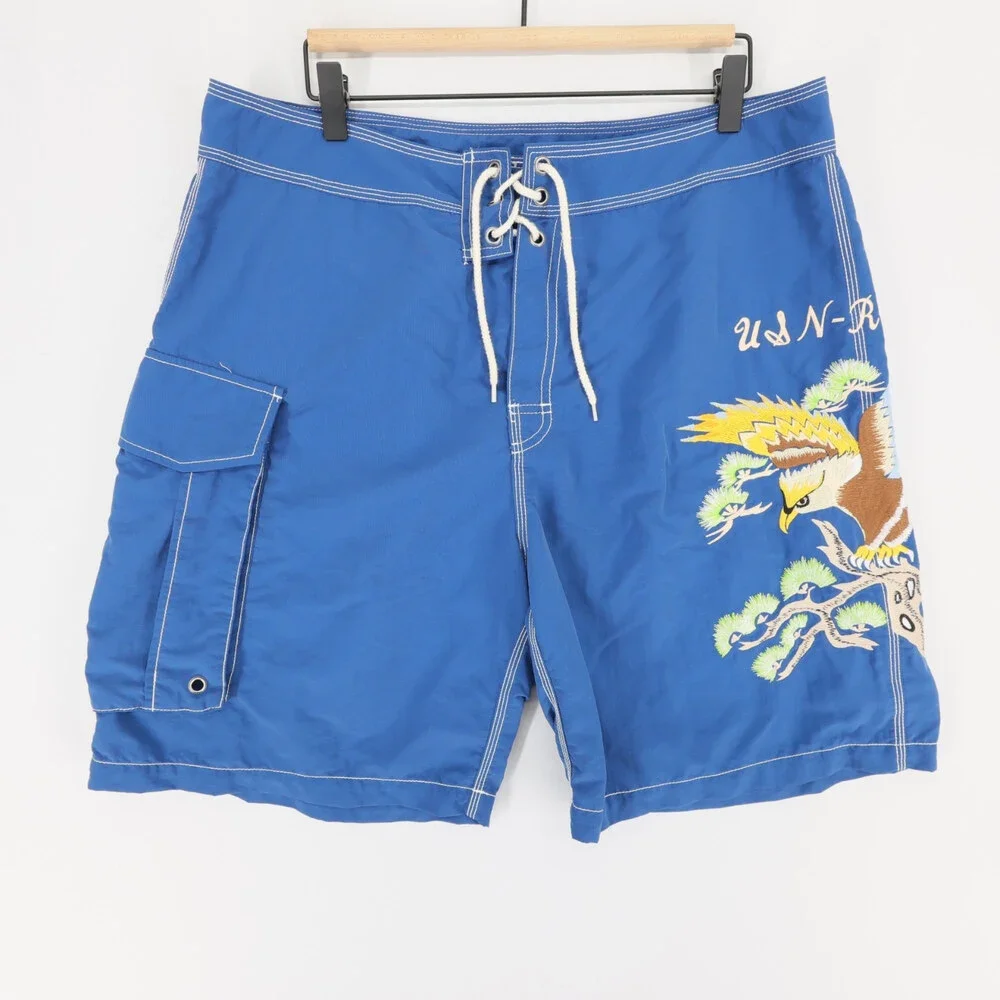 Vintage Polo Ralph Lauren Board Shorts Mens 36 Blue Graphic Eagle USN RL Swim